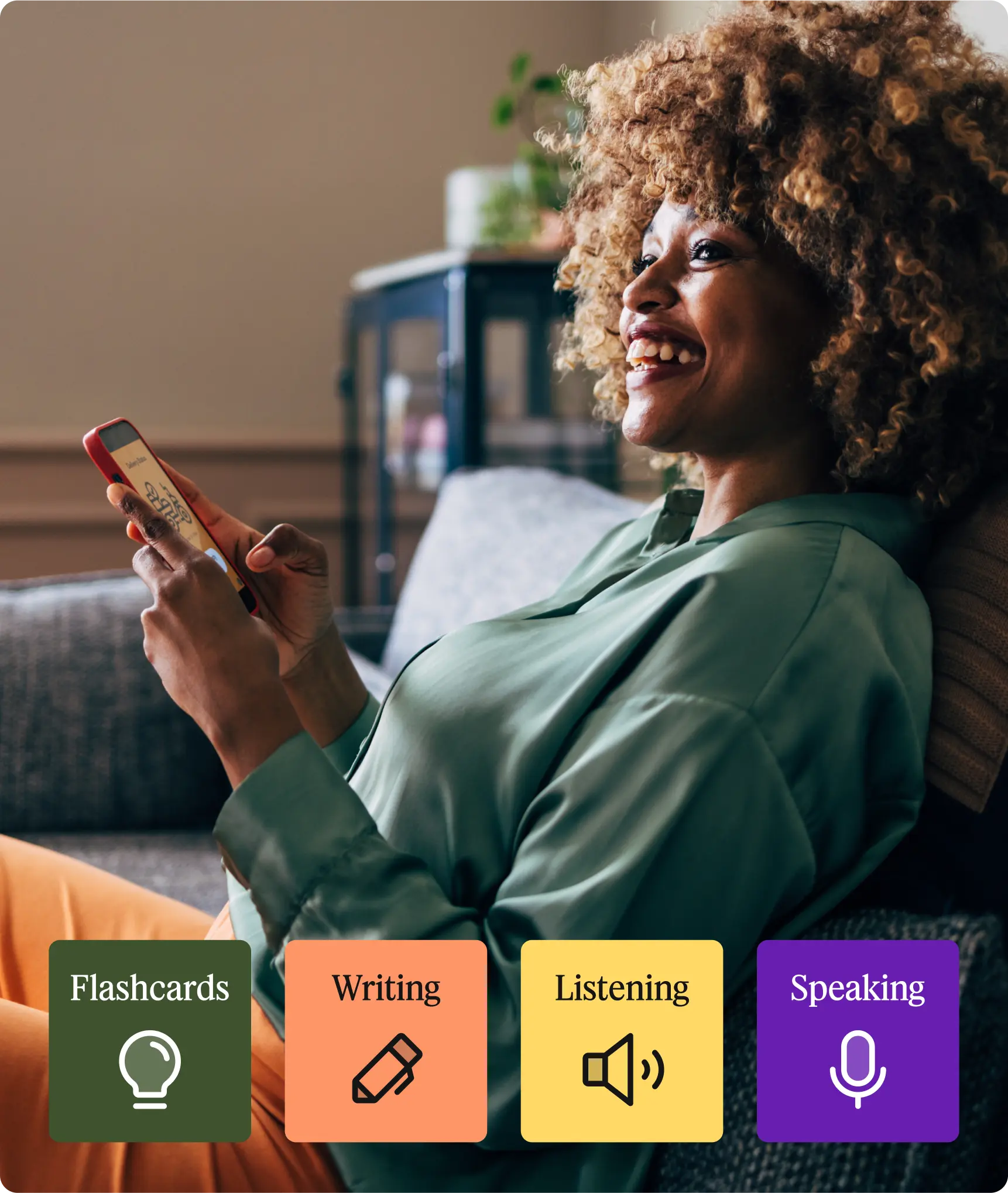 Phone showing Babbel Spanish lesson interface with travel vocabulary on a hotel room desk