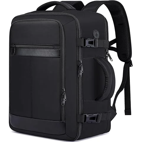 tomtoc 40L carry-on backpack worn in an airport terminal with a boarding pass visible