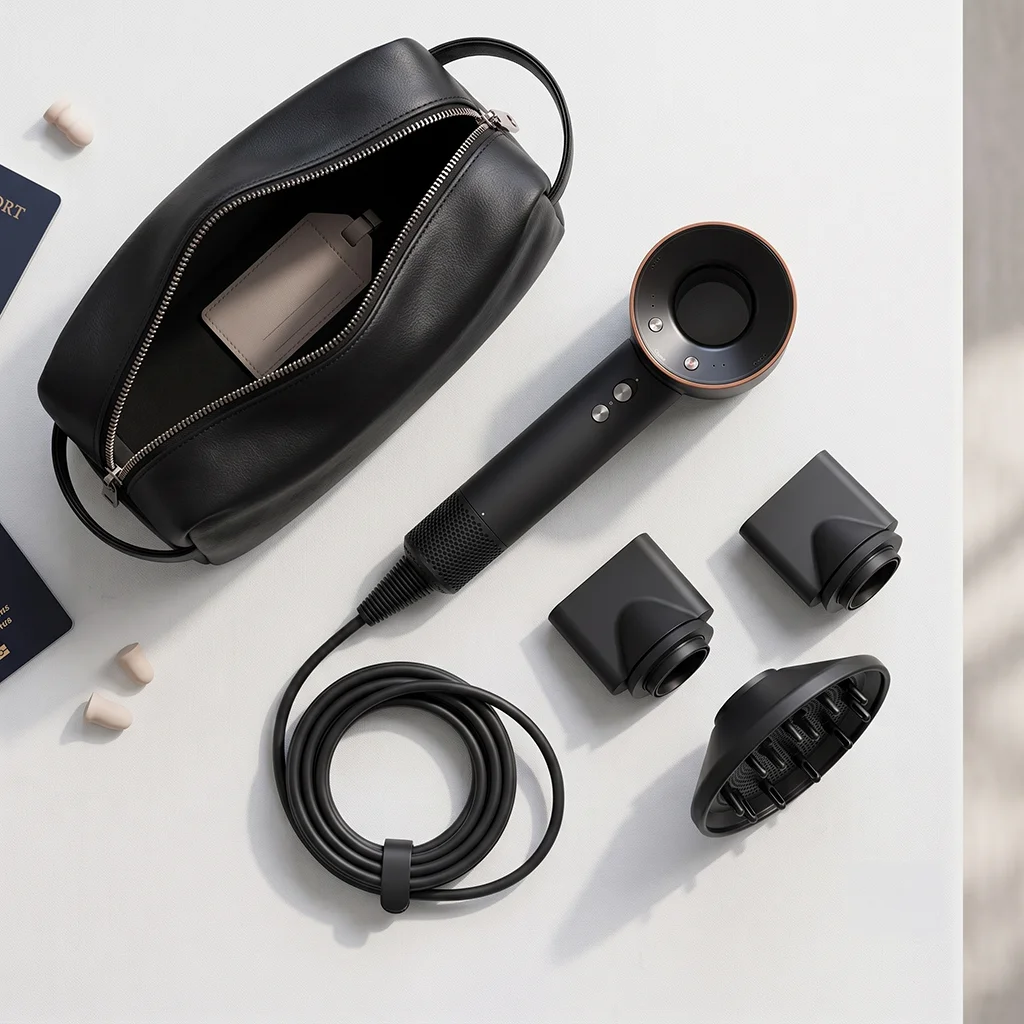 Dyson Supersonic Travel Hair Dryer folded next to a travel toiletry bag showing how it packs