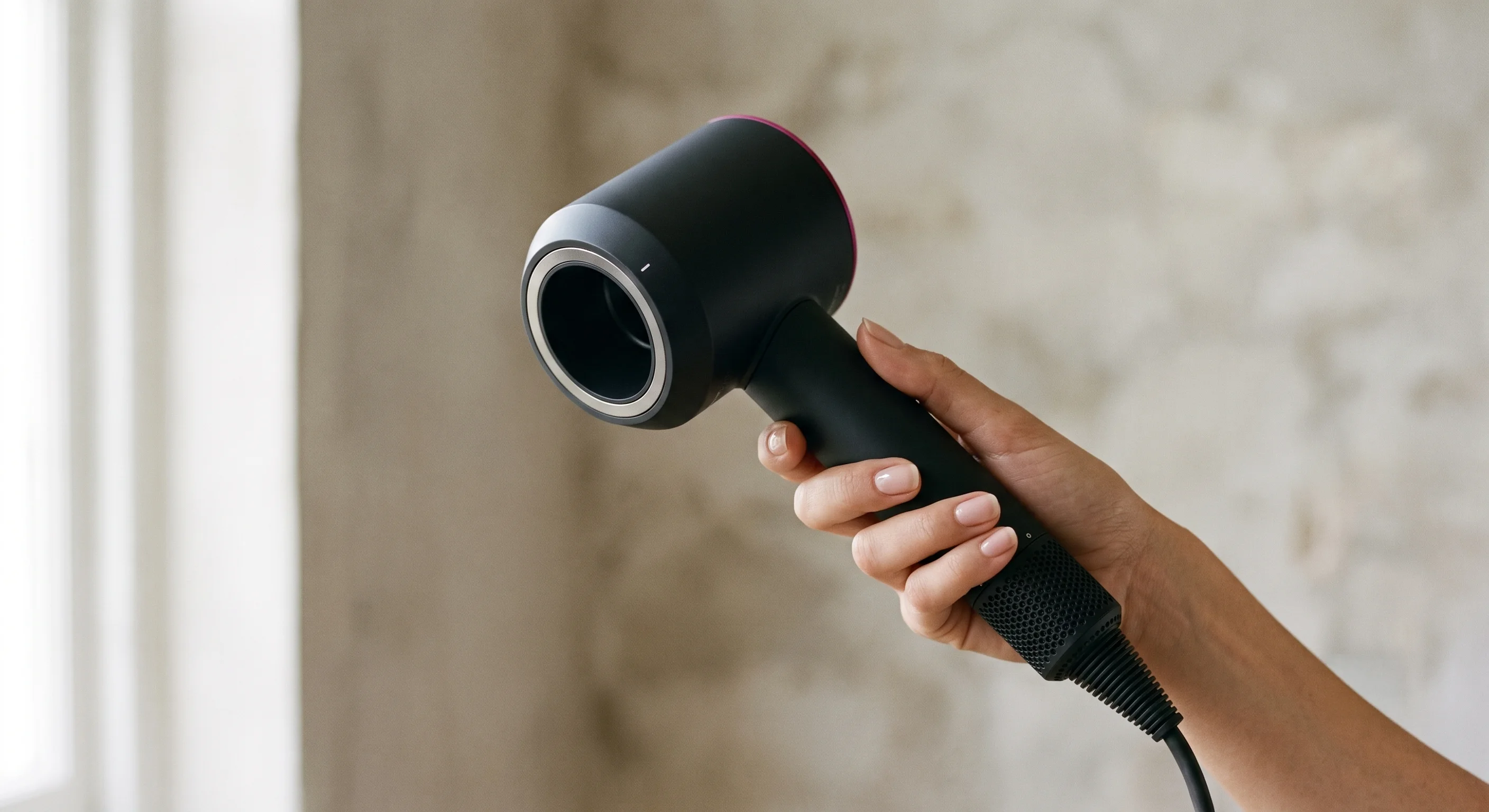 Dyson Supersonic Travel Hair Dryer unfolded showing the magnetic attachment and cord