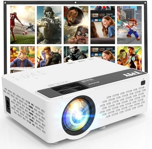 Mini projector displaying a movie on the wall of a glamping tent at a campsite after dark