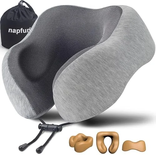 Travel neck pillow worn by a passenger in a car on a long highway road trip
