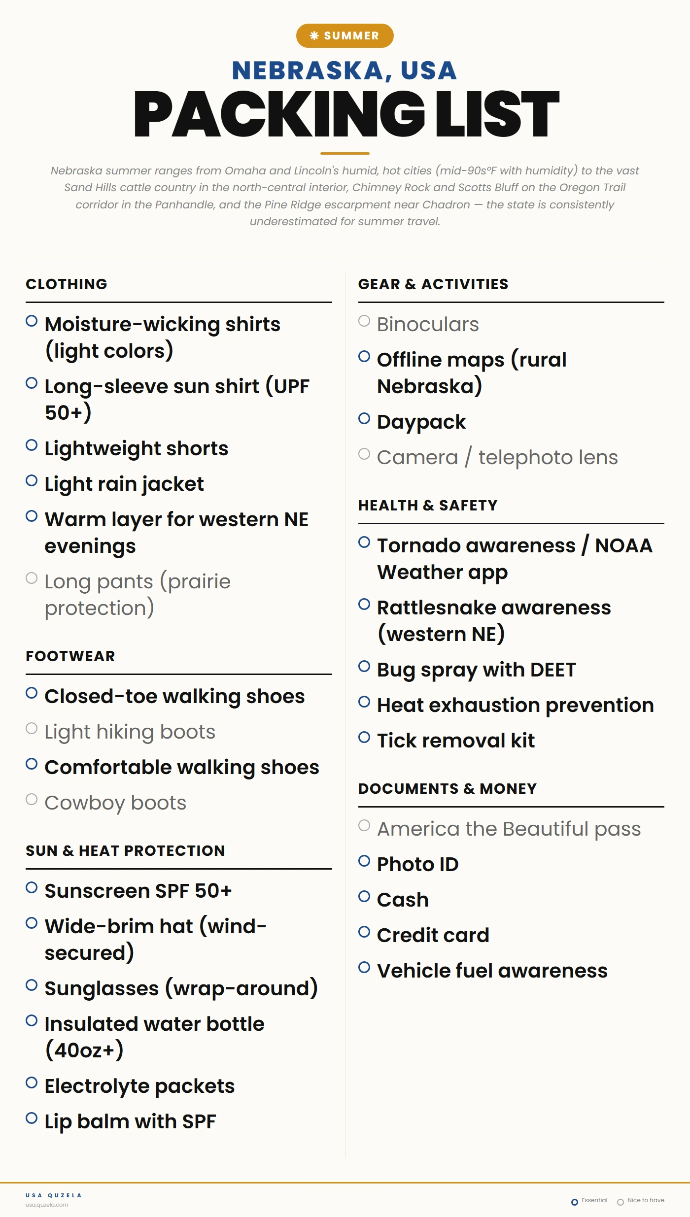 Nebraska Summer Packing List